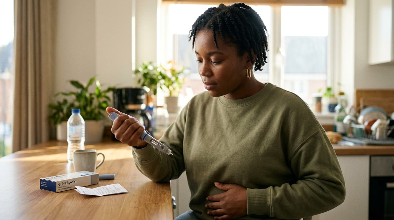 Woman at home with GLP-1 medication supplies, illustrating virtually delivered medically supervised weight loss